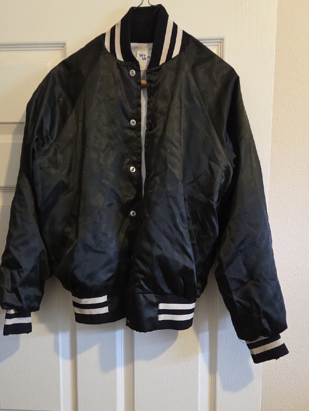 70s Vintage Black Satin Varsity Bomber Jacket with White Stripes